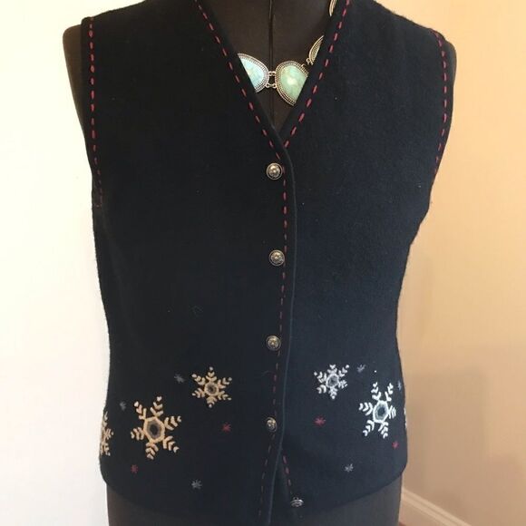 Woolrich Womens Black Snowflake V-neck Vest Large 100% Wool Winter Holiday - Picture 1 of 6